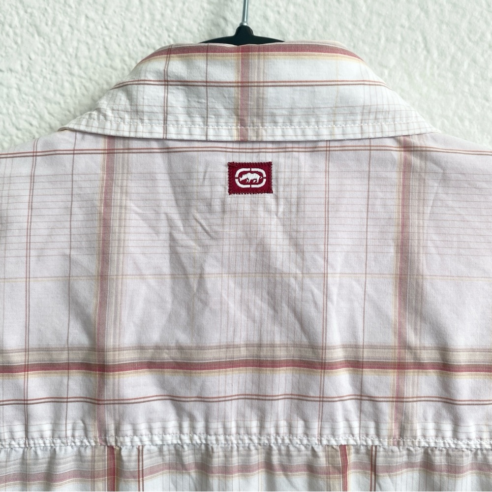 Ecko Unltd Men's White & Red Plaid Short Sleeve Button Up Pocket Shirt - Picture 9 of 11